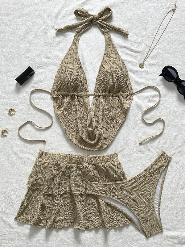 yellow v neck halter neck ruffle bikini set — view 10