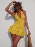 yellow v neck halter neck ruffle bikini set — view 6