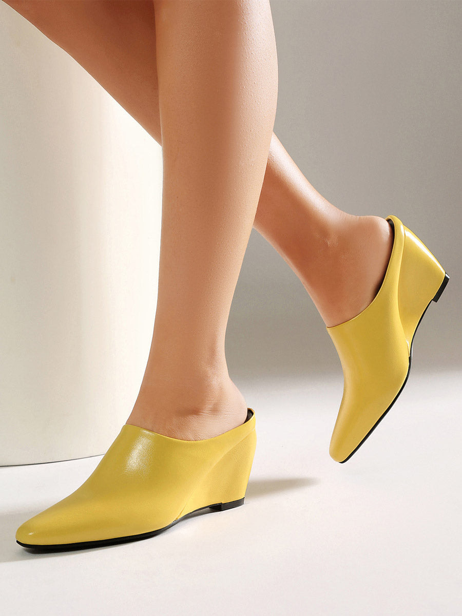 yellow pointed toe wedge slip on mules — view 8