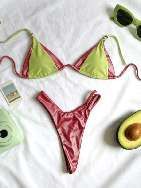 green halter neck contrast panel two piece set — view 6
