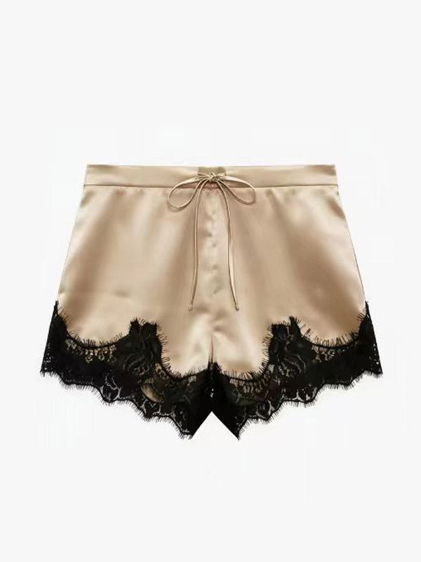 Champagne High-Waisted Lace Satin Shorts — view 4