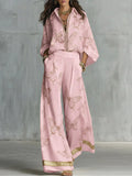 pink wide leg satin two piece set — view 3