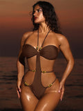 brown beaded halter neck swimsuit — view 1
