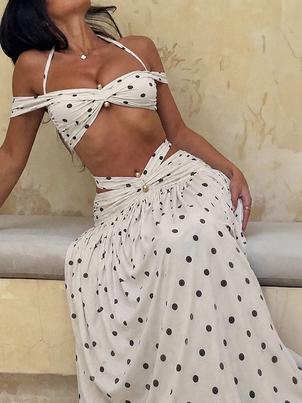 blue halter neck off shoulder high waisted two piece set — view 9