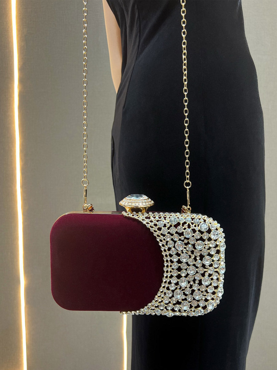 burgundy embellished velvet contrast panel handbag — view 2