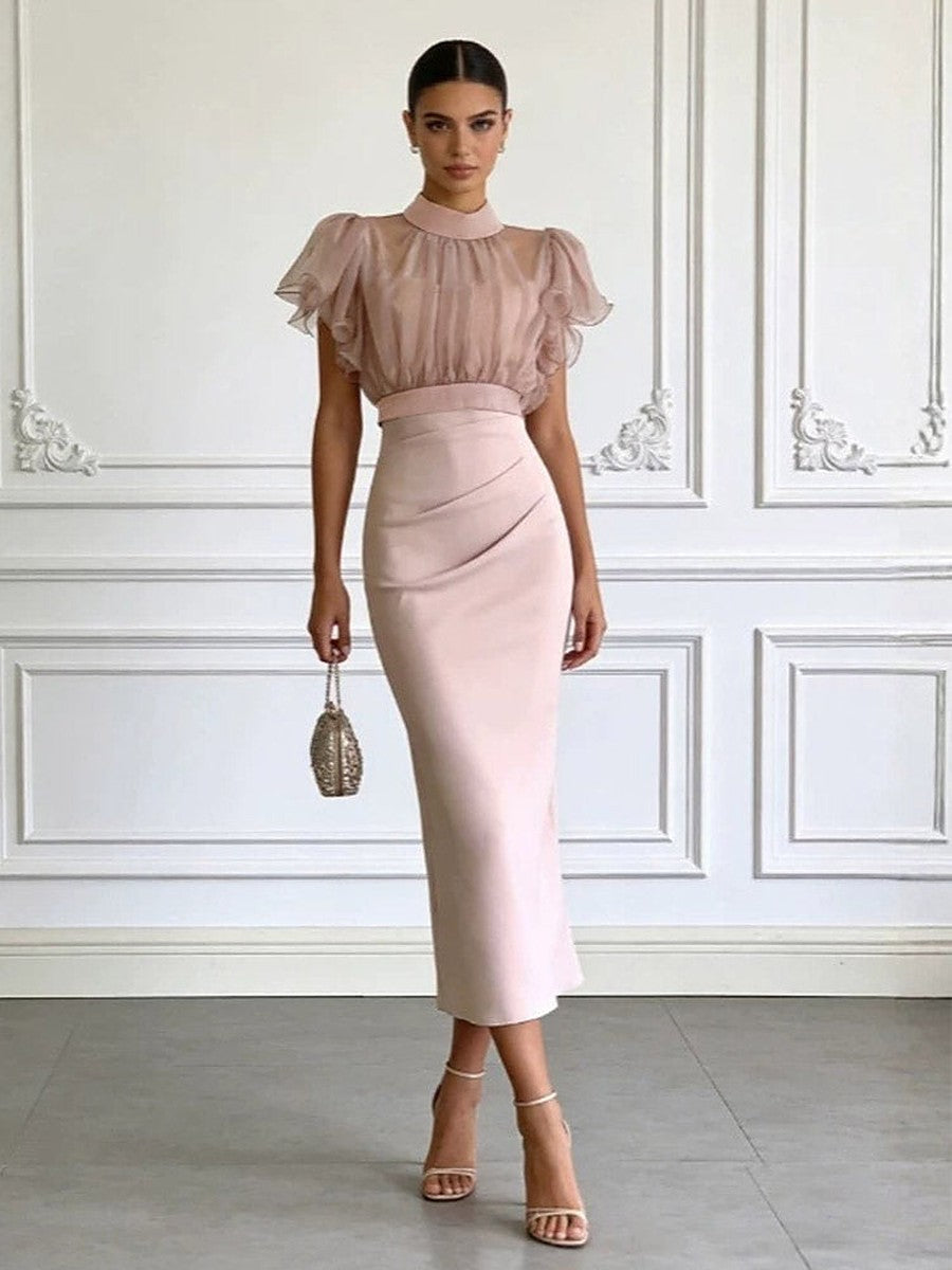 Pink Ruffle Side Split Sheer Midi Dress — view 1