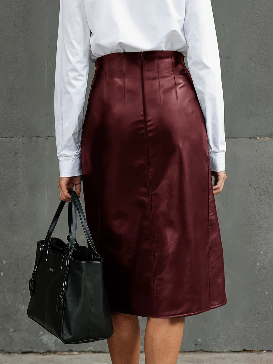 Burgundy High-Waisted Fitted Midi Bodycon Dress — view 4