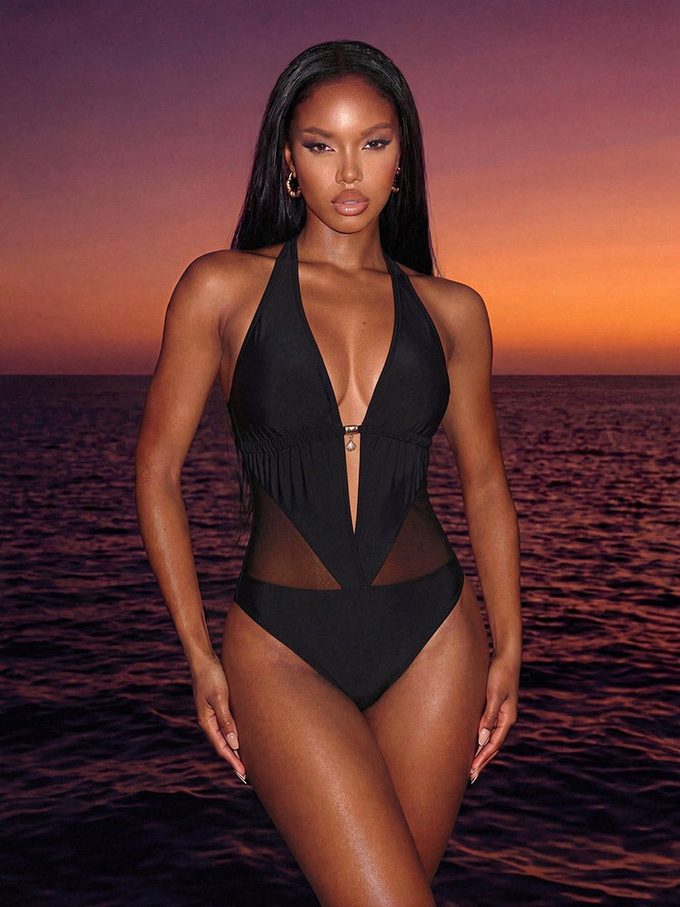 black halter neck sheer swimsuit — view 3
