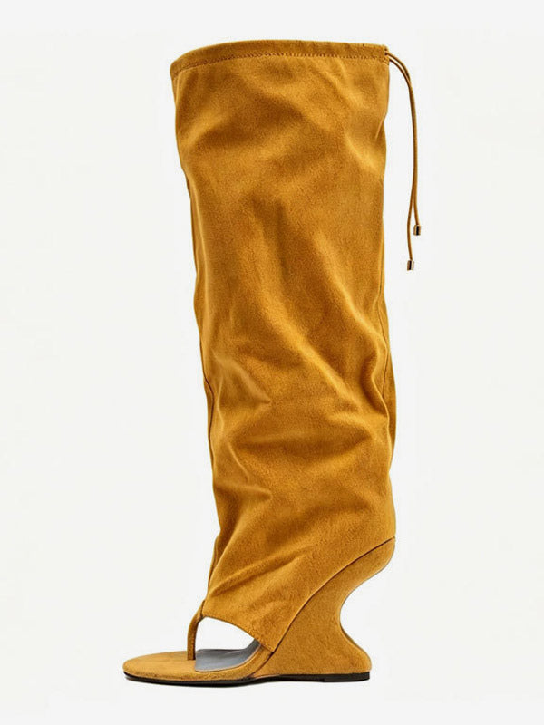 Yellow Wedge Suede-Effect Knee-High Boots — view 2
