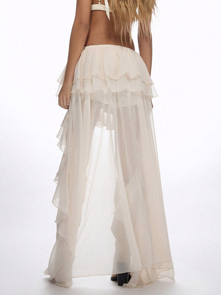 White Ruffle Chiffon Longline Skirt — view 8