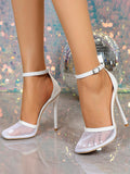 White Square-Toe Ankle-Strap Sheer Court Shoes — view 1