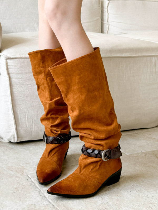Tan Pointed-Toe Buckle Knee-High Boots — view 8