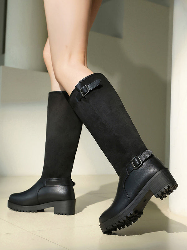 brown round toe buckle knee high boots — view 5
