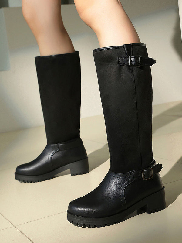 brown round toe buckle knee high boots — view 4