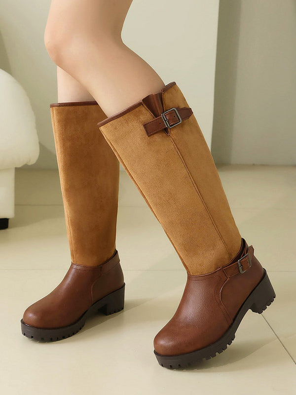 brown round toe buckle knee high boots — view 3