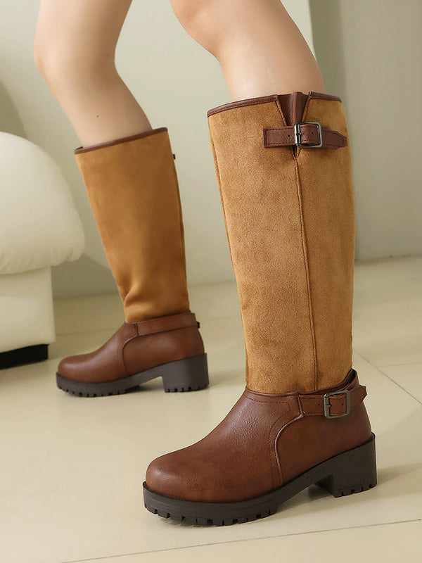brown round toe buckle knee high boots — view 2