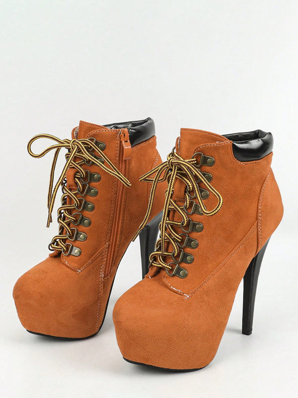 Yellow Platform Lace-Up Suede-Effect Ankle Boots — view 5