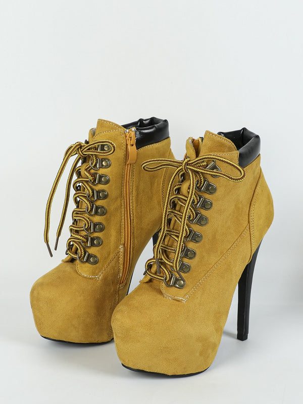 yellow platform lace up suede effect ankle boots — view 1