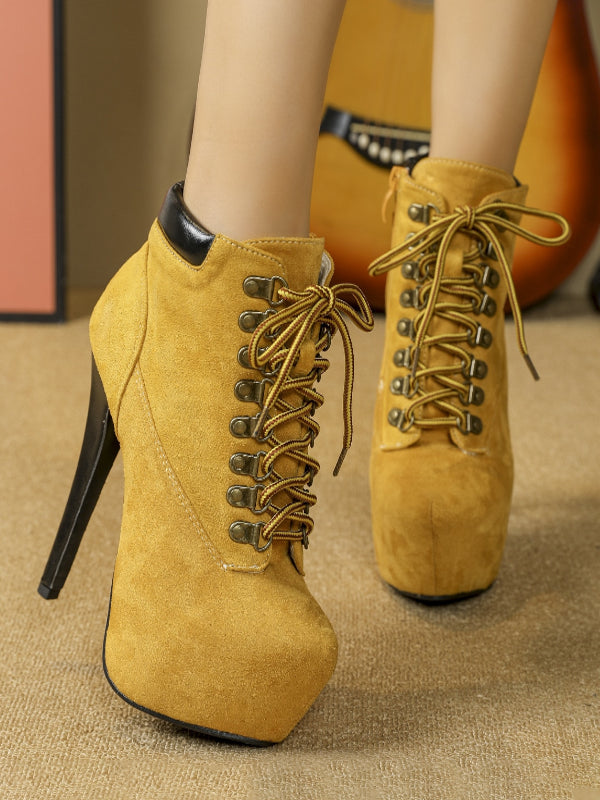 yellow platform lace up suede effect ankle boots — view 2