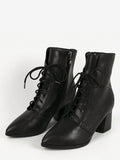 black pointed toe block heel lace up ankle boots — view 1