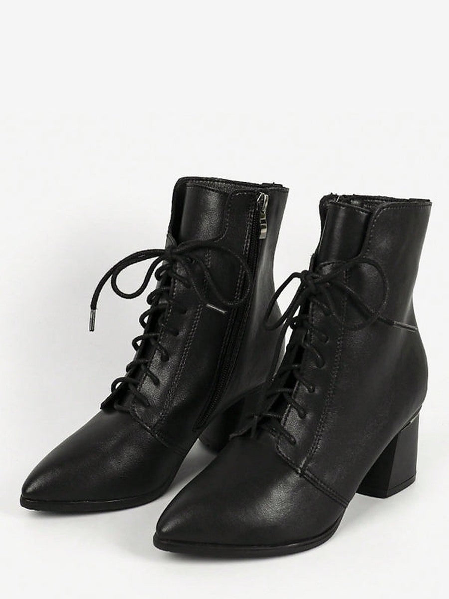 black pointed toe block heel lace up ankle boots — view 1