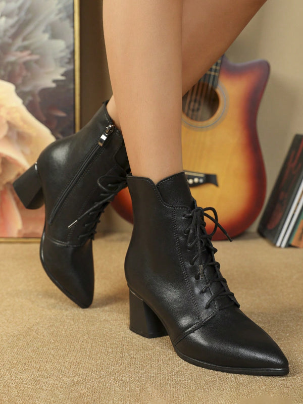 black pointed toe block heel lace up ankle boots — view 4