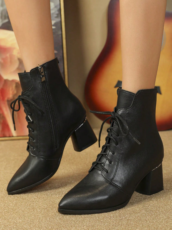 black pointed toe block heel lace up ankle boots — view 5