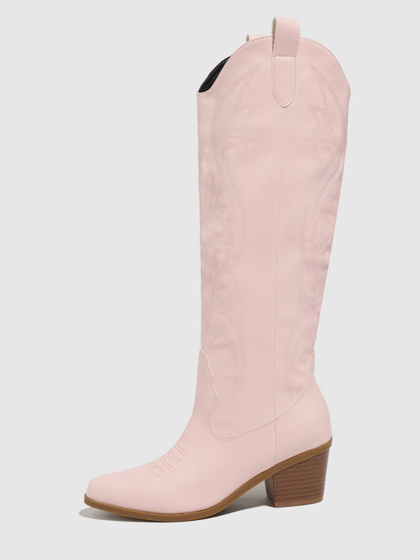 pink round toe block heel knee high boots — view 1