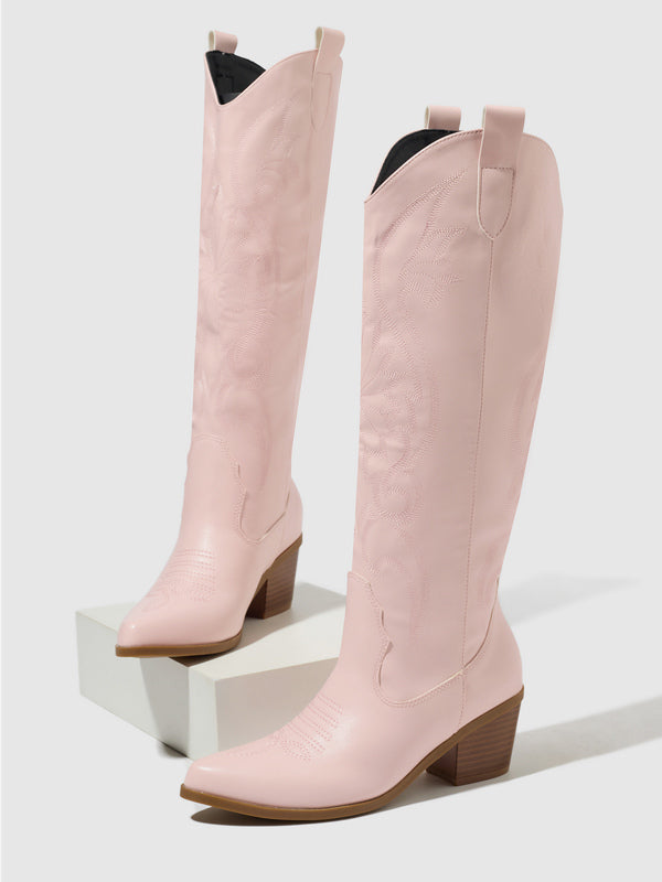 pink round toe block heel knee high boots — view 2