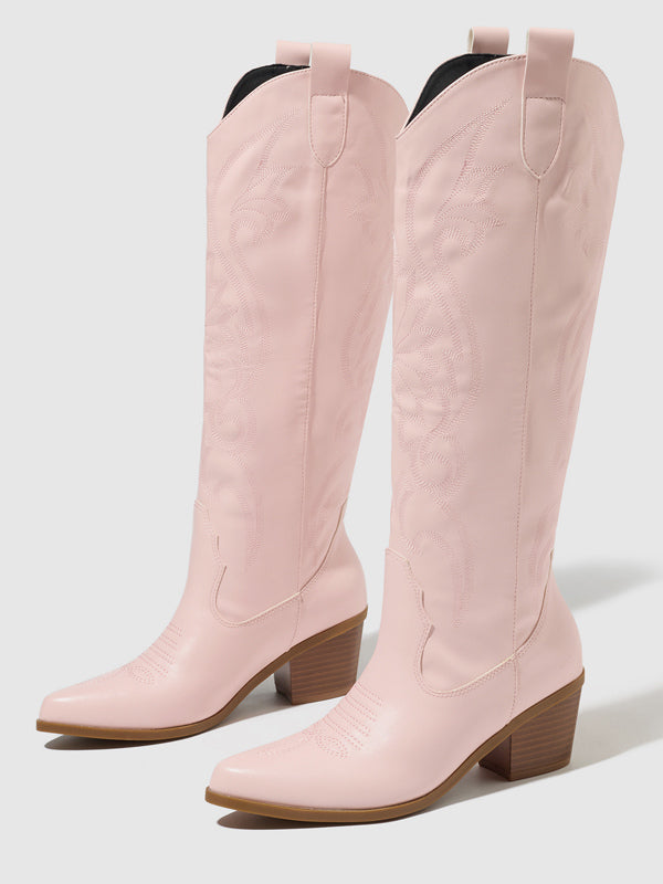 pink round toe block heel knee high boots — view 3