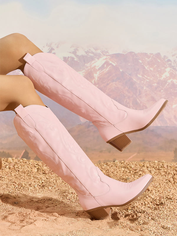 pink round toe block heel knee high boots — view 4