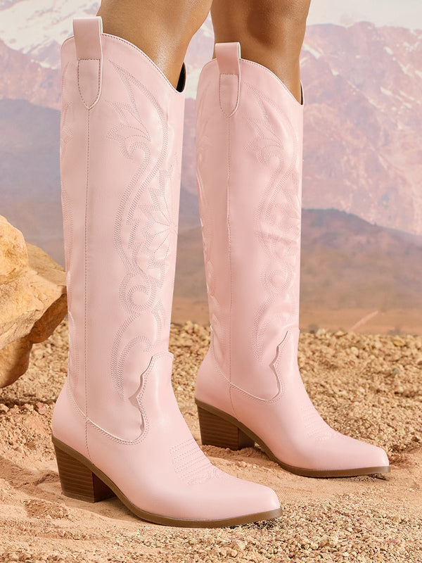 Pink Round-Toe Block Heel Knee-High Boots — view 5