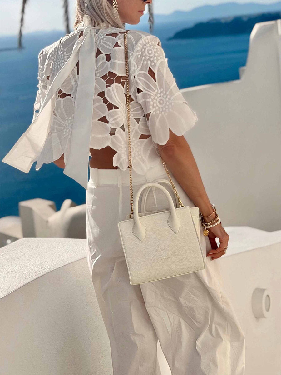 white short sleeve high neck cropped blouse — view 4