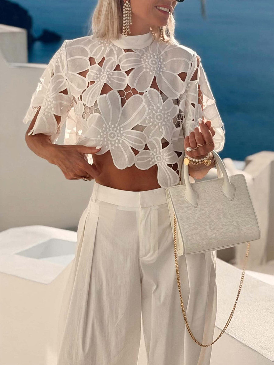 white short sleeve high neck cropped blouse — view 3