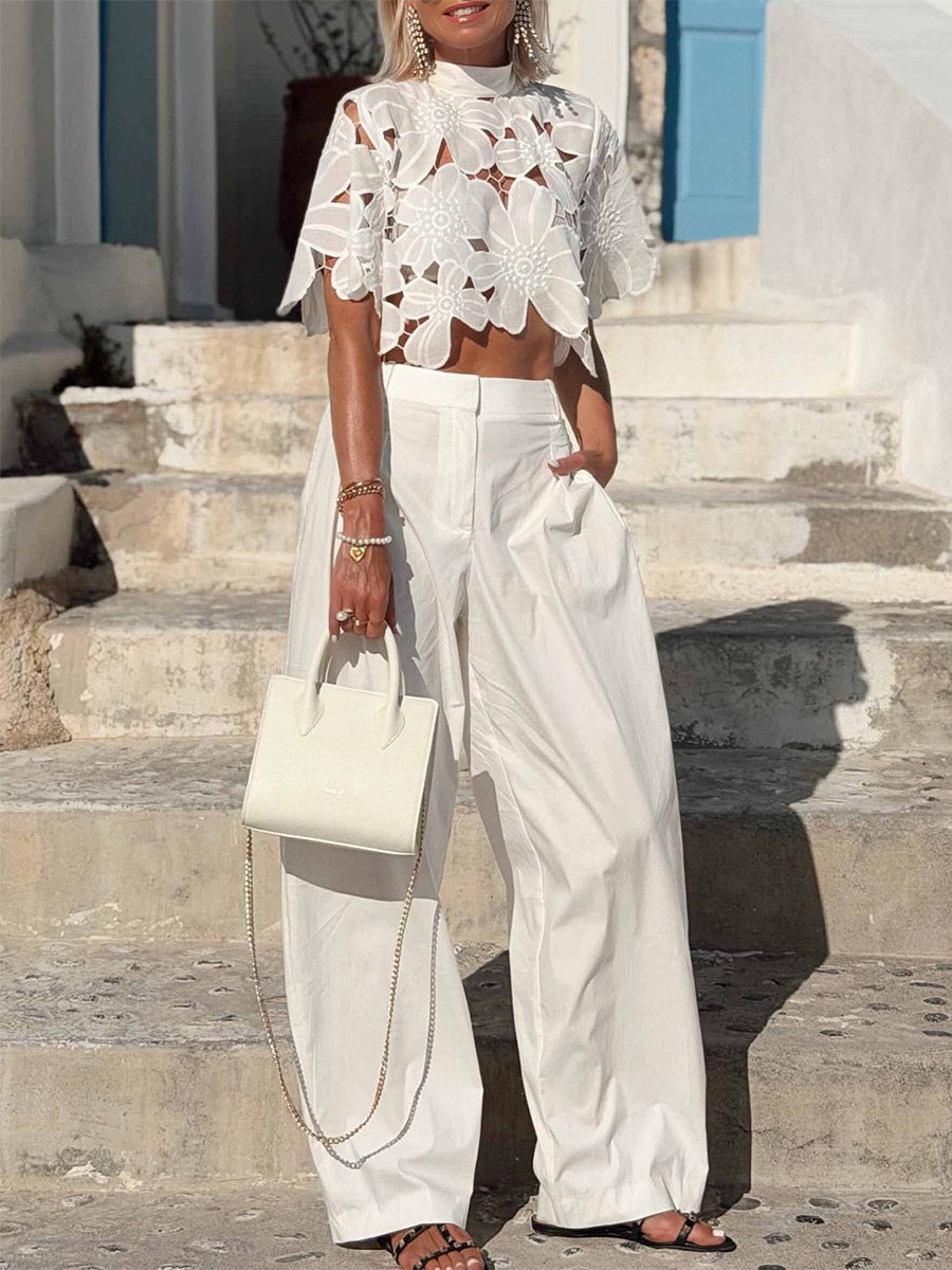 White Short-Sleeve High-Neck Cropped Blouse — view 1