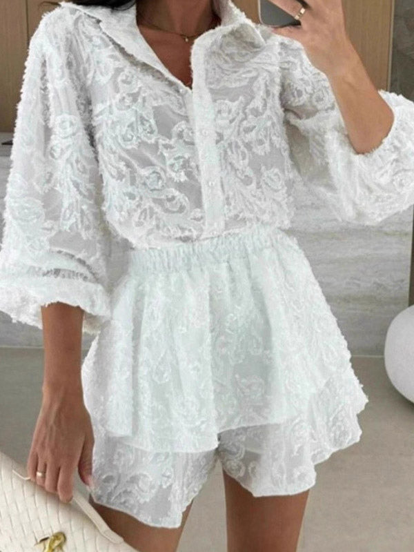 sage long sleeve ruffle lace two piece set — view 4
