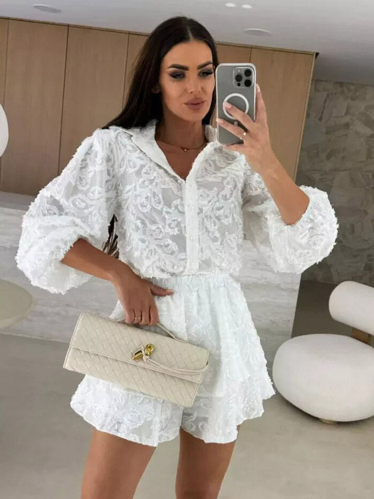 sage long sleeve ruffle lace two piece set — view 1