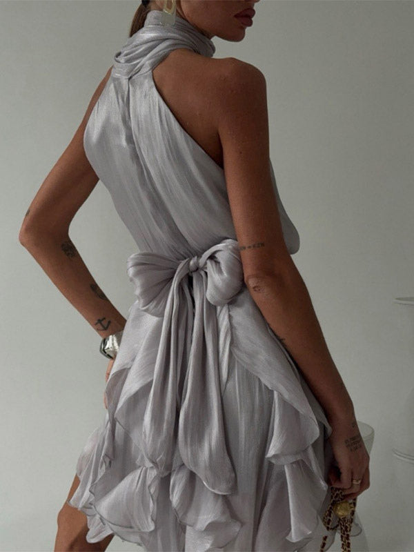Olive Sleeveless Halter-Neck Ruffle Mini Dress — view 7
