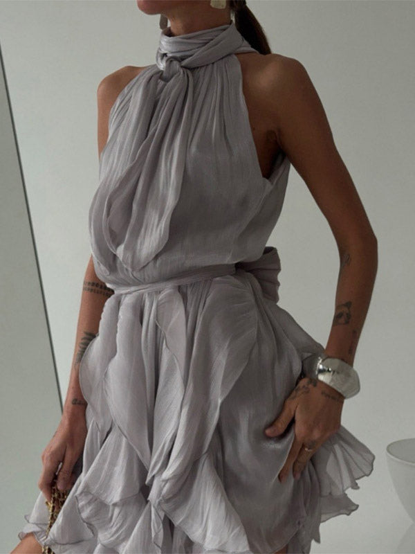 Olive Sleeveless Halter-Neck Ruffle Mini Dress — view 6
