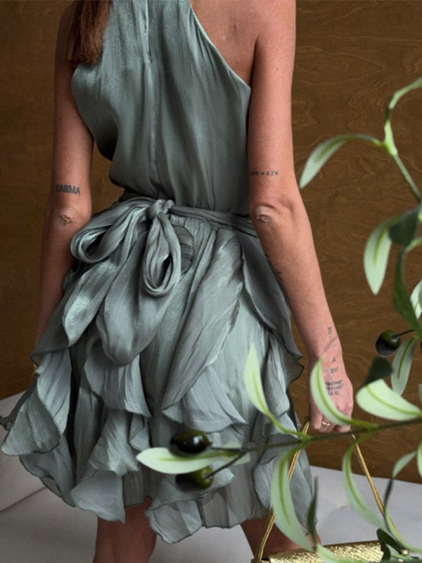 Olive Sleeveless Halter-Neck Ruffle Mini Dress — view 3