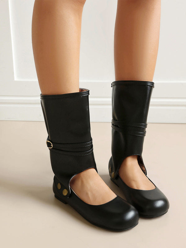 pink round toe buckle cut out boots — view 10