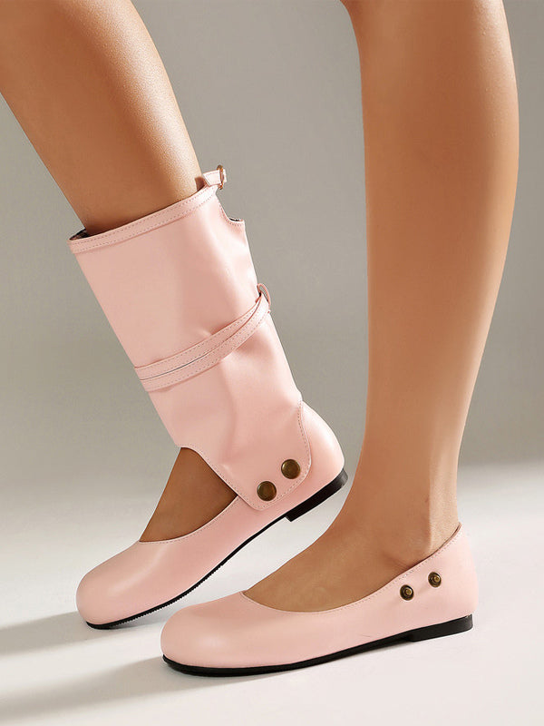 Pink Round-Toe Buckle Cut-Out Boots — view 4