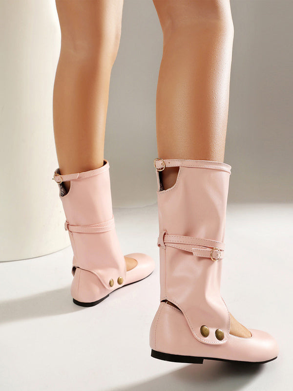 pink round toe buckle cut out boots — view 3