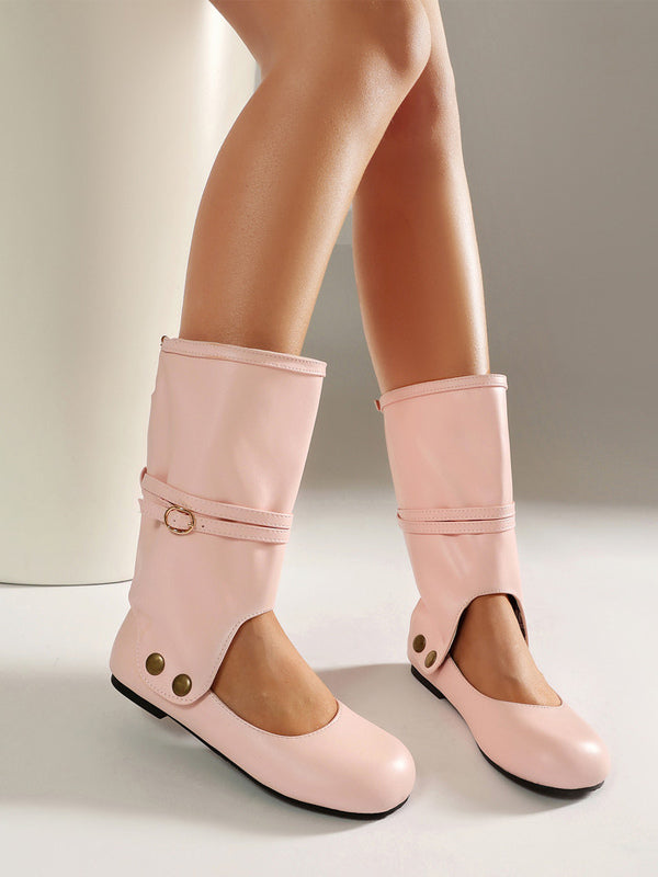 Pink Round-Toe Buckle Cut-Out Boots — view 2