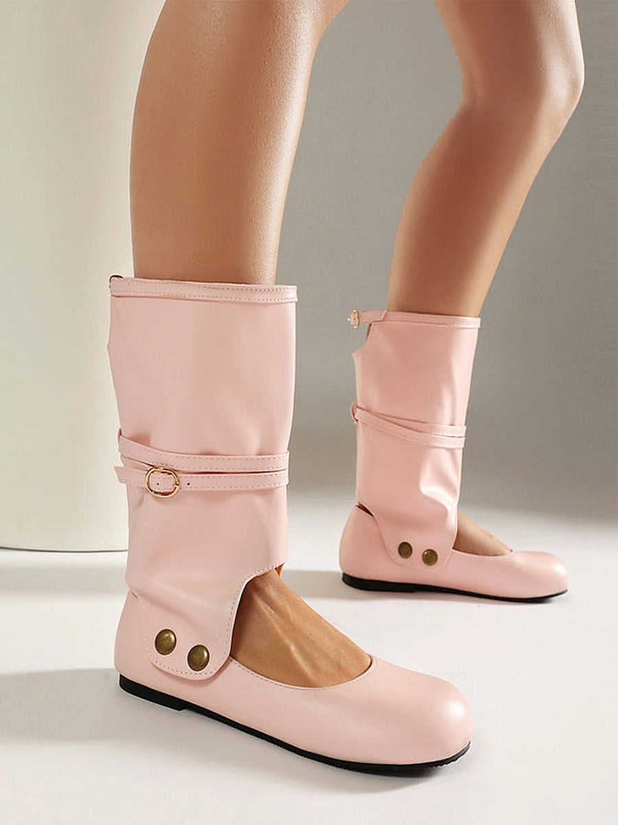 Pink Round-Toe Buckle Cut-Out Boots — view 1