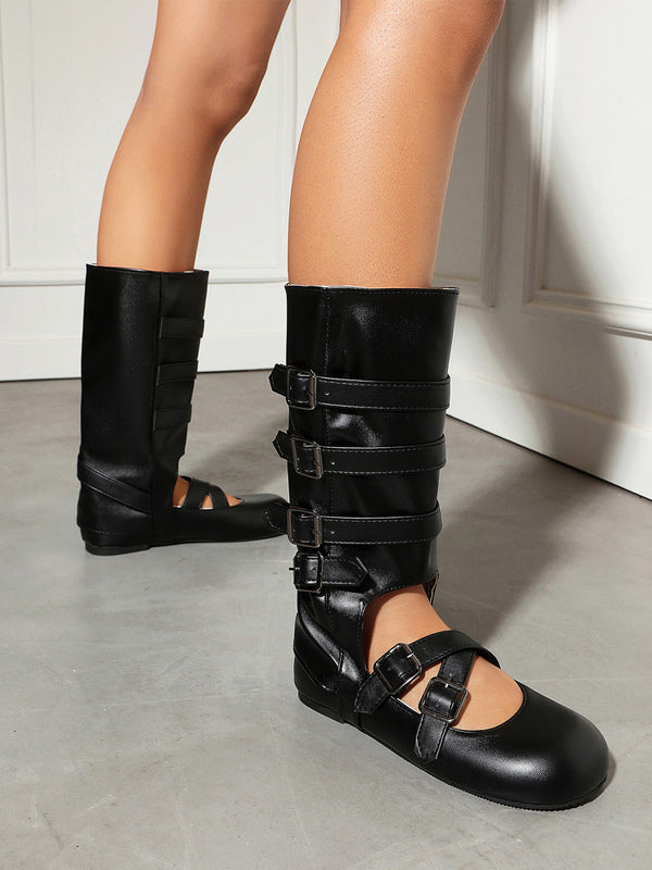 Pink Round-Toe Buckle Cut-Out Ankle Boots — view 2
