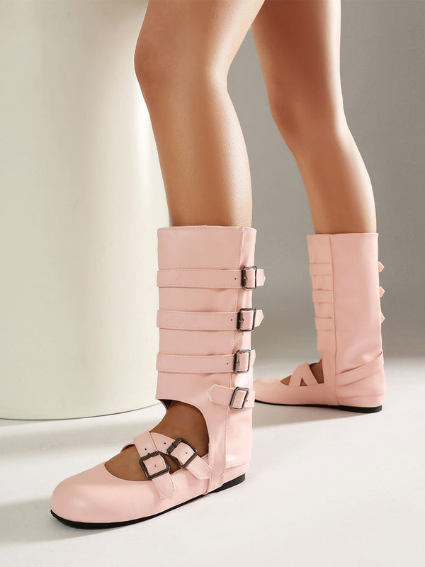 Pink Round-Toe Buckle Cut-Out Ankle Boots — view 6