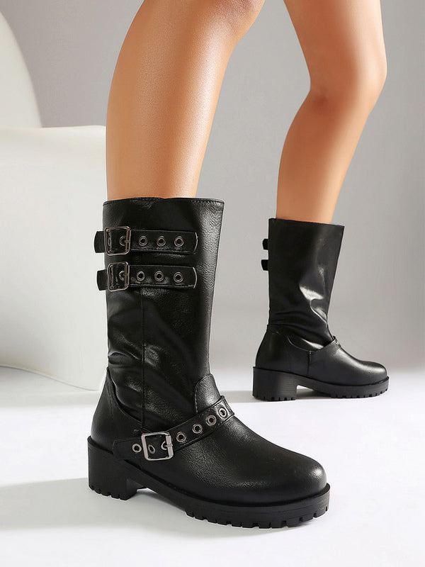 tan round toe block heel buckle ankle boots — view 1
