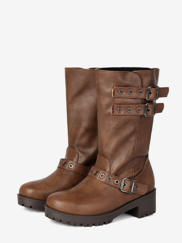 tan round toe block heel buckle ankle boots — view 5
