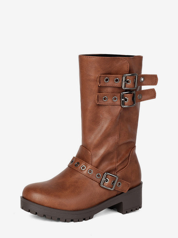 tan round toe block heel buckle ankle boots — view 11
